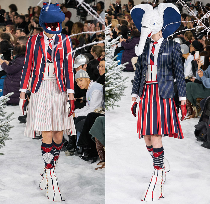 Thom Browne 2020-2021 Fall Autumn Winter Womens Mens Runway Catwalk Looks - Mode à Paris Fashion Week France - Ark Animals Embroidery Sheer Tulle Mask Headwear Patchwork Tweed Wool Herringbone Check Plaid Argyle Decorative Art Mesh Quilted Puffer Coat Suit Blazer Neck Tie Fringes Pinstripe Stripes Knit Socks Skirt Layers Pussycat Bow Accordion Pleats Deconstructed Blazerskirt Squares Frayed Walrus Sheep Dog Horse Turtle Duck Pig Cow Snake Rabbit Elephant Monkey Bear Bag Gloves