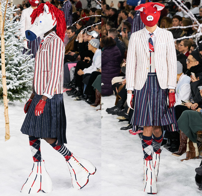 Thom Browne 2020-2021 Fall Autumn Winter Womens Mens Runway Catwalk Looks - Mode à Paris Fashion Week France - Ark Animals Embroidery Sheer Tulle Mask Headwear Patchwork Tweed Wool Herringbone Check Plaid Argyle Decorative Art Mesh Quilted Puffer Coat Suit Blazer Neck Tie Fringes Pinstripe Stripes Knit Socks Skirt Layers Pussycat Bow Accordion Pleats Deconstructed Blazerskirt Squares Frayed Walrus Sheep Dog Horse Turtle Duck Pig Cow Snake Rabbit Elephant Monkey Bear Bag Gloves