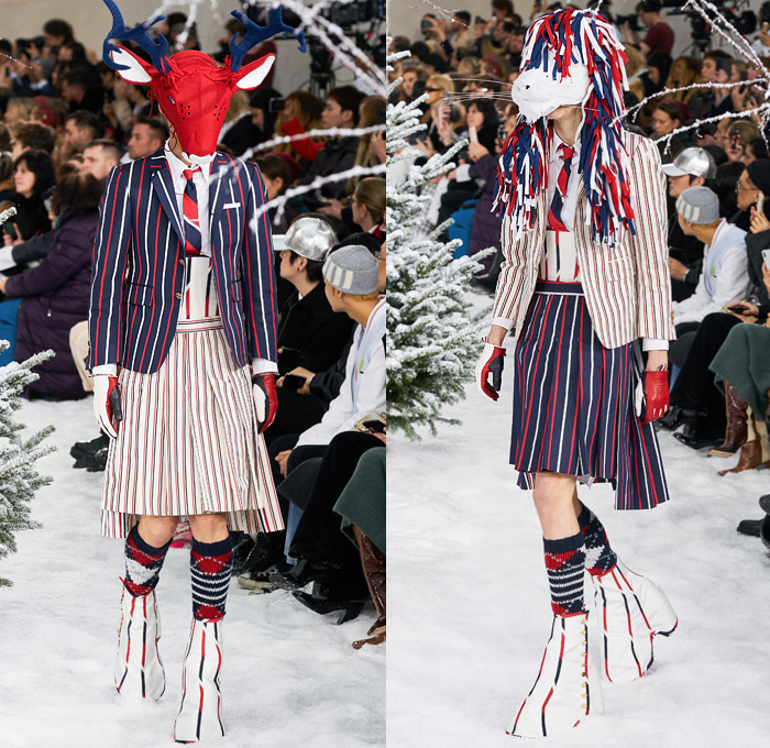 Thom Browne 2020-2021 Fall Autumn Winter Womens Mens Runway Catwalk Looks - Mode à Paris Fashion Week France - Ark Animals Embroidery Sheer Tulle Mask Headwear Patchwork Tweed Wool Herringbone Check Plaid Argyle Decorative Art Mesh Quilted Puffer Coat Suit Blazer Neck Tie Fringes Pinstripe Stripes Knit Socks Skirt Layers Pussycat Bow Accordion Pleats Deconstructed Blazerskirt Squares Frayed Walrus Sheep Dog Horse Turtle Duck Pig Cow Snake Rabbit Elephant Monkey Bear Bag Gloves