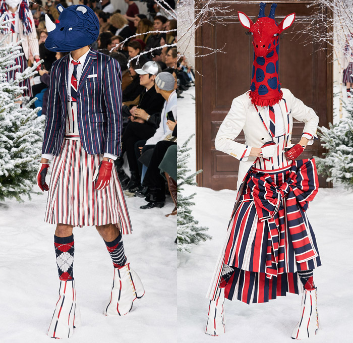 Thom Browne 2020-2021 Fall Autumn Winter Womens Mens Runway Catwalk Looks - Mode à Paris Fashion Week France - Ark Animals Embroidery Sheer Tulle Mask Headwear Patchwork Tweed Wool Herringbone Check Plaid Argyle Decorative Art Mesh Quilted Puffer Coat Suit Blazer Neck Tie Fringes Pinstripe Stripes Knit Socks Skirt Layers Pussycat Bow Accordion Pleats Deconstructed Blazerskirt Squares Frayed Walrus Sheep Dog Horse Turtle Duck Pig Cow Snake Rabbit Elephant Monkey Bear Bag Gloves