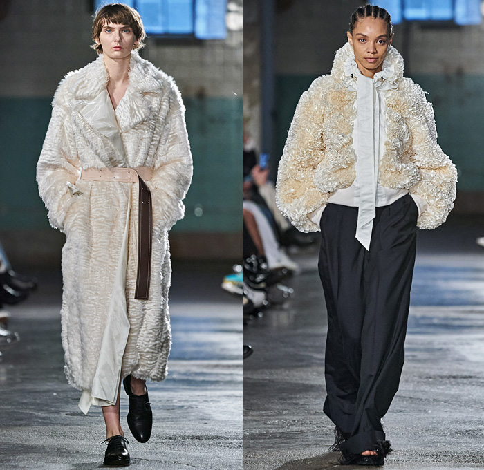 TOGA 2020-2021 Fall Autumn Winter Womens Runway Catwalk Looks - London Fashion Week Collections UK - Light Protection Instability Quilted Down Puffer Oversleeve Trench Coat Plastic Fur Parka Poncho Cape Long Sleeve Blouse Neck Tie Check Deconstructed Frayed Raw Hem Feathers Wide Belt Pantsuit Blazer Zipper Blanket Ruffles Tied Knot Knit Cutout Paisley Mesh Hoodie Culottes Pleats Skirt Romper Onesie Tearaway Snap Buttons Waves Abstract Dress Boots Duffel Box Bag Gloves