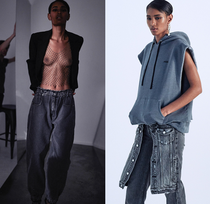 TRE by Natalie Ratabesi 2020-2021 Fall Autumn Winter Womens Lookbook Presentation - Paris Fashion Week Femme PFW - Destroyed Wide Leg Flare Denim Jeans Deconstructed Hybrid Chainmail Mesh Blazer Sweatshirt Vest Skirt Panel Hoodie Plaid Check Romper Trench Coat Strapless Ruffles Blouse Accordion Pleats Blouse Corset Onesie Romperdress Chain Draped Noodle Strap Gown Fringes Asymmetrical Hem Lace Embroidery Snakeskin Furisode Kimono Sleeves Sheer Capelet One Shoulder Shorts Sunglasses