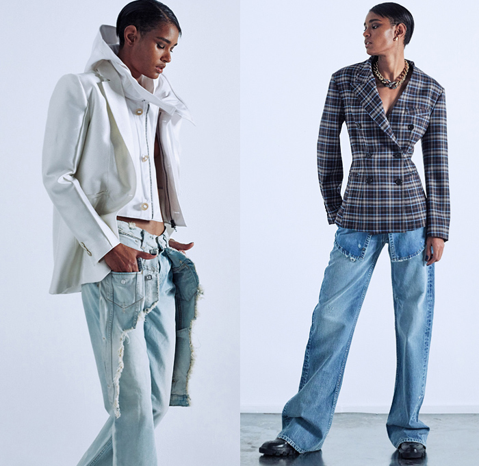 TRE by Natalie Ratabesi 2020-2021 Fall Autumn Winter Womens Lookbook Presentation - Paris Fashion Week Femme PFW - Destroyed Wide Leg Flare Denim Jeans Deconstructed Hybrid Chainmail Mesh Blazer Sweatshirt Vest Skirt Panel Hoodie Plaid Check Romper Trench Coat Strapless Ruffles Blouse Accordion Pleats Blouse Corset Onesie Romperdress Chain Draped Noodle Strap Gown Fringes Asymmetrical Hem Lace Embroidery Snakeskin Furisode Kimono Sleeves Sheer Capelet One Shoulder Shorts Sunglasses