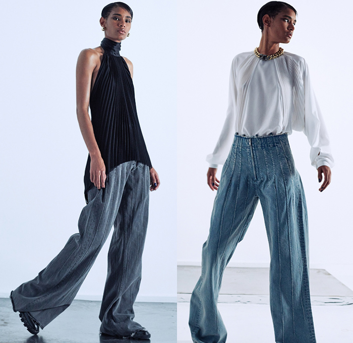 TRE by Natalie Ratabesi 2020-2021 Fall Autumn Winter Womens Lookbook Presentation - Paris Fashion Week Femme PFW - Destroyed Wide Leg Flare Denim Jeans Deconstructed Hybrid Chainmail Mesh Blazer Sweatshirt Vest Skirt Panel Hoodie Plaid Check Romper Trench Coat Strapless Ruffles Blouse Accordion Pleats Blouse Corset Onesie Romperdress Chain Draped Noodle Strap Gown Fringes Asymmetrical Hem Lace Embroidery Snakeskin Furisode Kimono Sleeves Sheer Capelet One Shoulder Shorts Sunglasses