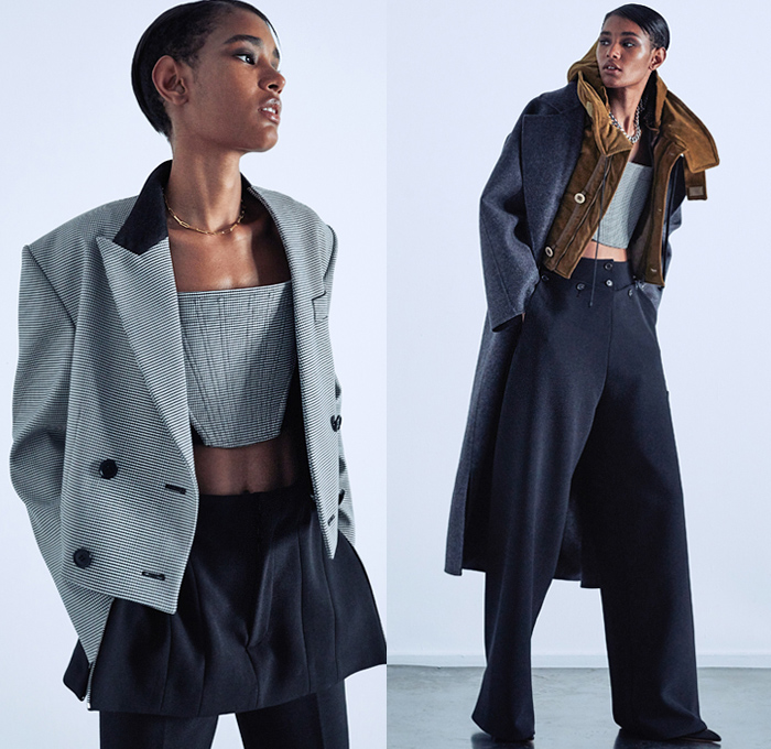 TRE by Natalie Ratabesi 2020-2021 Fall Autumn Winter Womens Lookbook Presentation - Paris Fashion Week Femme PFW - Destroyed Wide Leg Flare Denim Jeans Deconstructed Hybrid Chainmail Mesh Blazer Sweatshirt Vest Skirt Panel Hoodie Plaid Check Romper Trench Coat Strapless Ruffles Blouse Accordion Pleats Blouse Corset Onesie Romperdress Chain Draped Noodle Strap Gown Fringes Asymmetrical Hem Lace Embroidery Snakeskin Furisode Kimono Sleeves Sheer Capelet One Shoulder Shorts Sunglasses