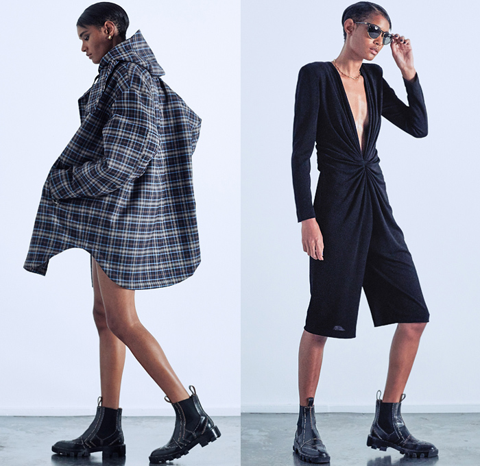 TRE by Natalie Ratabesi 2020-2021 Fall Autumn Winter Womens Lookbook Presentation - Paris Fashion Week Femme PFW - Destroyed Wide Leg Flare Denim Jeans Deconstructed Hybrid Chainmail Mesh Blazer Sweatshirt Vest Skirt Panel Hoodie Plaid Check Romper Trench Coat Strapless Ruffles Blouse Accordion Pleats Blouse Corset Onesie Romperdress Chain Draped Noodle Strap Gown Fringes Asymmetrical Hem Lace Embroidery Snakeskin Furisode Kimono Sleeves Sheer Capelet One Shoulder Shorts Sunglasses