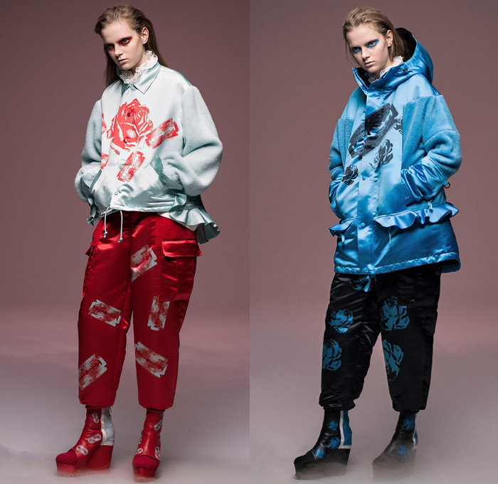 Undercover by Jun Takahashi 2020-2021 Fall Autumn Winter Womens Lookbook Presentation - Paris Fashion Week Femme PFW - Akira Kurosawa Throne of Blood Macbeth Mononoke Renaissance Flowers Floral Tiara Roses Razor Blades Silk Satin Ruffles Fleece Patchwork Feathers Quilted Puffer Parka Hoodie Modular Bomber Jacket Shearling Coat Pantsuit Dress Gown Knit Stripes Rope Tassels Check Fringes Harness Gloves Tulle Veil Knot Cargo Pants Stockings Tights Wide Leg Platform Boots Sandals