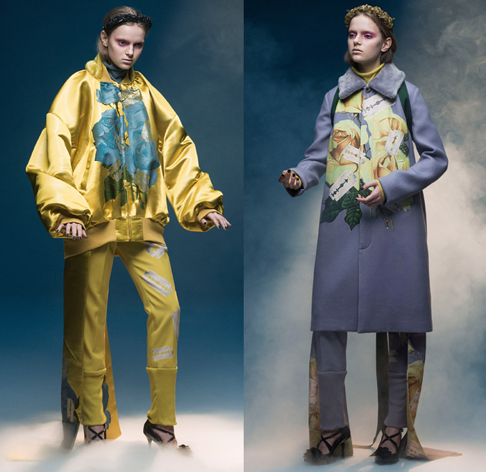 Undercover by Jun Takahashi 2020-2021 Fall Autumn Winter Womens Lookbook Presentation - Paris Fashion Week Femme PFW - Akira Kurosawa Throne of Blood Macbeth Mononoke Renaissance Flowers Floral Tiara Roses Razor Blades Silk Satin Ruffles Fleece Patchwork Feathers Quilted Puffer Parka Hoodie Modular Bomber Jacket Shearling Coat Pantsuit Dress Gown Knit Stripes Rope Tassels Check Fringes Harness Gloves Tulle Veil Knot Cargo Pants Stockings Tights Wide Leg Platform Boots Sandals