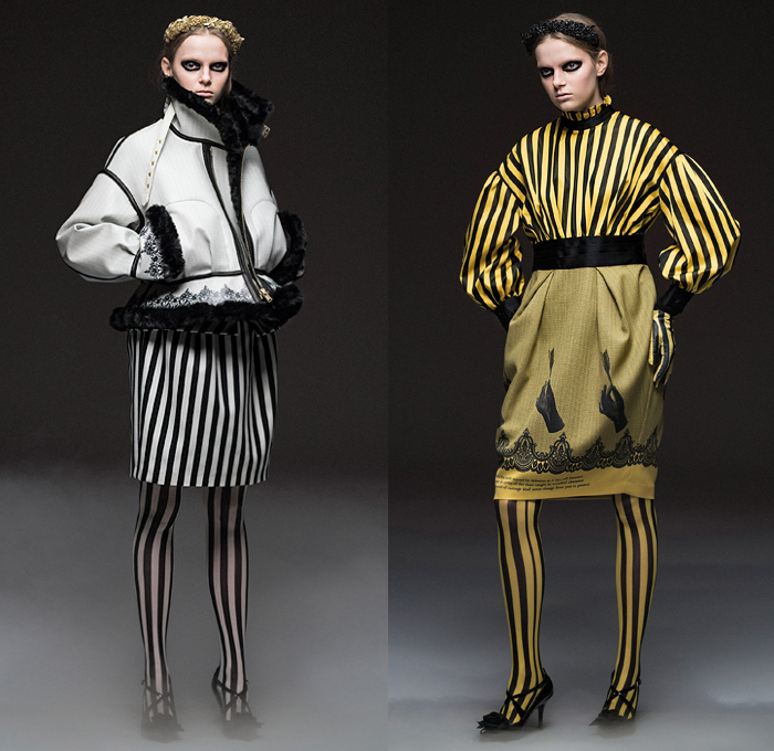 Undercover by Jun Takahashi 2020-2021 Fall Autumn Winter Womens Lookbook Presentation - Paris Fashion Week Femme PFW - Akira Kurosawa Throne of Blood Macbeth Mononoke Renaissance Flowers Floral Tiara Roses Razor Blades Silk Satin Ruffles Fleece Patchwork Feathers Quilted Puffer Parka Hoodie Modular Bomber Jacket Shearling Coat Pantsuit Dress Gown Knit Stripes Rope Tassels Check Fringes Harness Gloves Tulle Veil Knot Cargo Pants Stockings Tights Wide Leg Platform Boots Sandals