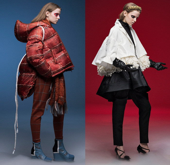 Undercover by Jun Takahashi 2020-2021 Fall Autumn Winter Womens Lookbook Presentation - Paris Fashion Week Femme PFW - Akira Kurosawa Throne of Blood Macbeth Mononoke Renaissance Flowers Floral Tiara Roses Razor Blades Silk Satin Ruffles Fleece Patchwork Feathers Quilted Puffer Parka Hoodie Modular Bomber Jacket Shearling Coat Pantsuit Dress Gown Knit Stripes Rope Tassels Check Fringes Harness Gloves Tulle Veil Knot Cargo Pants Stockings Tights Wide Leg Platform Boots Sandals