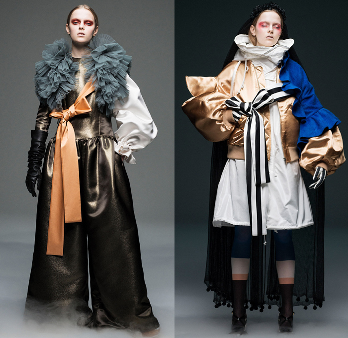 Undercover by Jun Takahashi 2020-2021 Fall Autumn Winter Womens Lookbook Presentation - Paris Fashion Week Femme PFW - Akira Kurosawa Throne of Blood Macbeth Mononoke Renaissance Flowers Floral Tiara Roses Razor Blades Silk Satin Ruffles Fleece Patchwork Feathers Quilted Puffer Parka Hoodie Modular Bomber Jacket Shearling Coat Pantsuit Dress Gown Knit Stripes Rope Tassels Check Fringes Harness Gloves Tulle Veil Knot Cargo Pants Stockings Tights Wide Leg Platform Boots Sandals