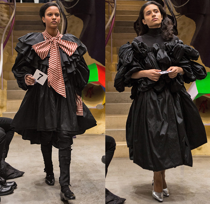 Vaquera 2020-2021 Fall Autumn Winter Womens Lookbook Presentation - New York Fashion Week NYFW - Crop Top Midriff Blouse Rose Flowers Floral Frayed Raw Hem Bedazzled Sequins Embroidery Jacket Voluminous Tiered Ruffles Pleats Pussycat Bow Stripes Turtleneck Sweater Strapless Draped Dress Poufy Shoulders Leg O'Mutton Sleeve Leather Unitard Skirt Bell Hem Camo Camouflage Oversized Chunky Knitwear Cardigan Sweaterdress Bikini Tights Lingerie Straps