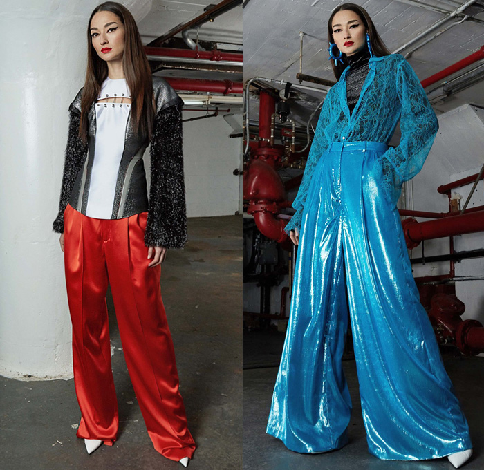 Victoria Hayes 2020-2021 Fall Autumn Winter Womens Lookbook Presentation - New York Fashion Week NYFW - Metal Shiny Glitter Bedazzled Sequins Silk Satin Lingerie Harness Garter Straps Belts Corset Flame Knit Sweater Turtleneck One Shoulder Cinch Vegan Leather Samurai Patchwork Mohair Coat Motorcycle Biker Sheer Tulle Lace Embroidery Flowers Floral Beads PVC Vinyl Pantsuit Lantern Sleeves Pellegrina Cropped Jacket Velvet Rings Threads High Slit Midi Skirt Wide Leg Palazzo Pants Boots