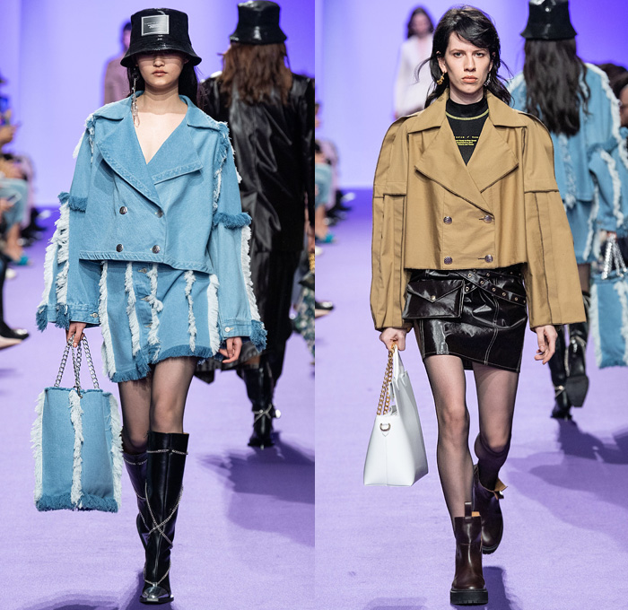 Victoria/Tomas 2020-2021 Fall Autumn Winter Womens Runway Catwalk Looks - Mode à Paris Fashion Week France - Denim Jeans Frayed Raw Hem Fringes Ombré Bucket Hat Chandelier Charms Tendrils Chains Crop Top Midriff Coat Jacket Miniskirt Stockings Tights Cargo Flap Pockets Pantsuit Shorts Quilted Puffer Angular Hem Skirt Blouse Coatdress Metallic Silver Pleats Shirtdress Neck Flap Halterneck Buttons Sheer Tulle Vest Fanny Pack Bum Bag Waist Pouch Tote Handbag Boots