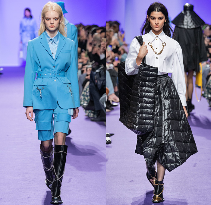 Victoria/Tomas 2020-2021 Fall Autumn Winter Womens Runway Catwalk Looks - Mode à Paris Fashion Week France - Denim Jeans Frayed Raw Hem Fringes Ombré Bucket Hat Chandelier Charms Tendrils Chains Crop Top Midriff Coat Jacket Miniskirt Stockings Tights Cargo Flap Pockets Pantsuit Shorts Quilted Puffer Angular Hem Skirt Blouse Coatdress Metallic Silver Pleats Shirtdress Neck Flap Halterneck Buttons Sheer Tulle Vest Fanny Pack Bum Bag Waist Pouch Tote Handbag Boots