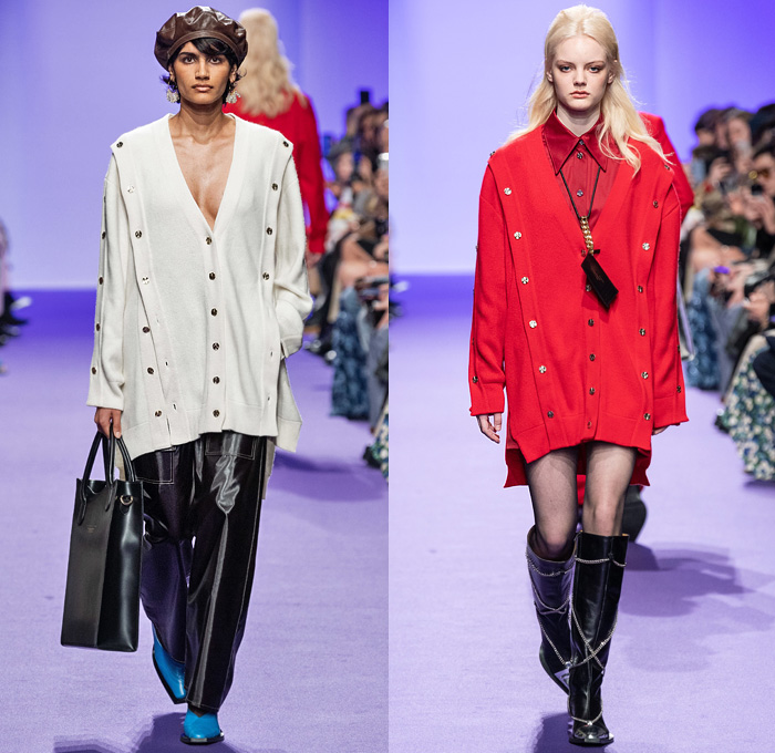 Victoria/Tomas 2020-2021 Fall Autumn Winter Womens Runway Catwalk Looks - Mode à Paris Fashion Week France - Denim Jeans Frayed Raw Hem Fringes Ombré Bucket Hat Chandelier Charms Tendrils Chains Crop Top Midriff Coat Jacket Miniskirt Stockings Tights Cargo Flap Pockets Pantsuit Shorts Quilted Puffer Angular Hem Skirt Blouse Coatdress Metallic Silver Pleats Shirtdress Neck Flap Halterneck Buttons Sheer Tulle Vest Fanny Pack Bum Bag Waist Pouch Tote Handbag Boots