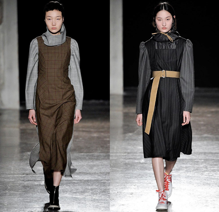 Vìen 2020-2021 Fall Autumn Winter Womens Runway Catwalk Looks - Milano Moda Donna Collezione Milan Fashion Week Italy - I Smell You On My Clothes Deconstructed Hybrid Patchwork Check Plaid Tartan Blazerbomber Poncho Hoodie Trench Coat Jacket Cargo Utility Pockets Raw Dry Denim Jeans Blouse Drawstring Turtleneck Pantsuit Neck Tie Ruffles Anorak Trackwear Miniskirt Tiered Wide Leg Palazzo Pants Poufy Shoulders Strapless Dress High Tops Sneakers Snakeskin Boots