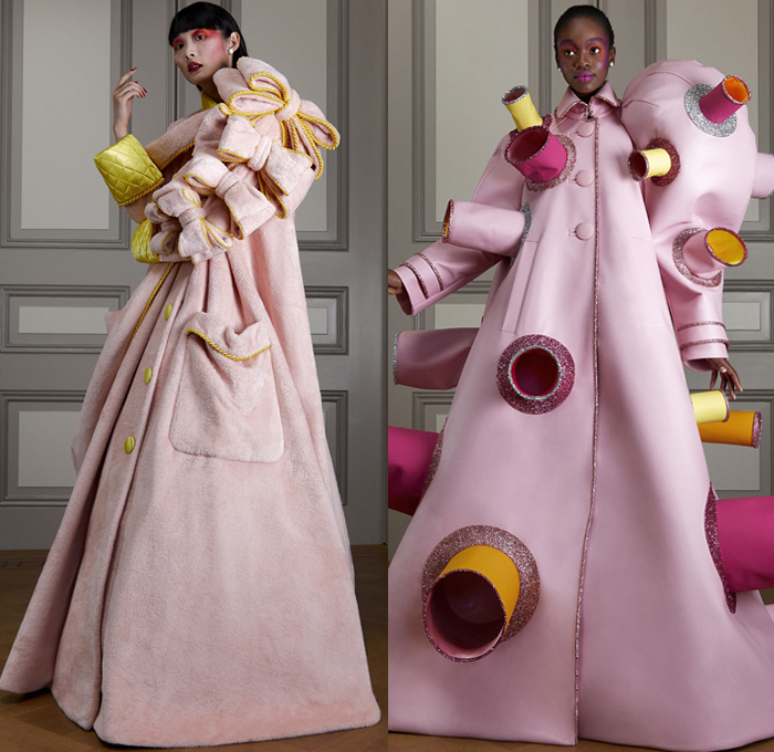 Viktor + Rolf 2020-2021 Fall Autumn Winter Haute Couture Avant-Garde Womens Lookbook Presentation - Change Love Confusion Anxiety Royal A-Line Bathrobe Oversized Trench Coat Bodice Bows Crystal Glitter Halo Hearts Matelassé Quilted Puffer Satin Train Pipes Holes Tunnels Chenille Gown Faux Fur Feathers Raglan Leg O'Mutton Bloated Sleeves Cones Thorns Spikes Pockets Slit Elongated Hem