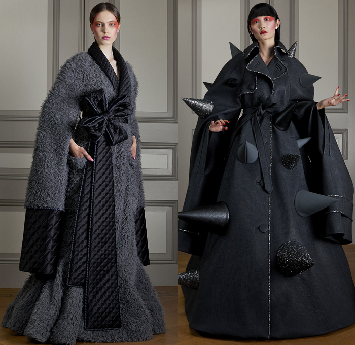 Viktor + Rolf 2020-2021 Fall Autumn Winter Haute Couture Avant-Garde Womens Lookbook Presentation - Change Love Confusion Anxiety Royal A-Line Bathrobe Oversized Trench Coat Bodice Bows Crystal Glitter Halo Hearts Matelassé Quilted Puffer Satin Train Pipes Holes Tunnels Chenille Gown Faux Fur Feathers Raglan Leg O'Mutton Bloated Sleeves Cones Thorns Spikes Pockets Slit Elongated Hem