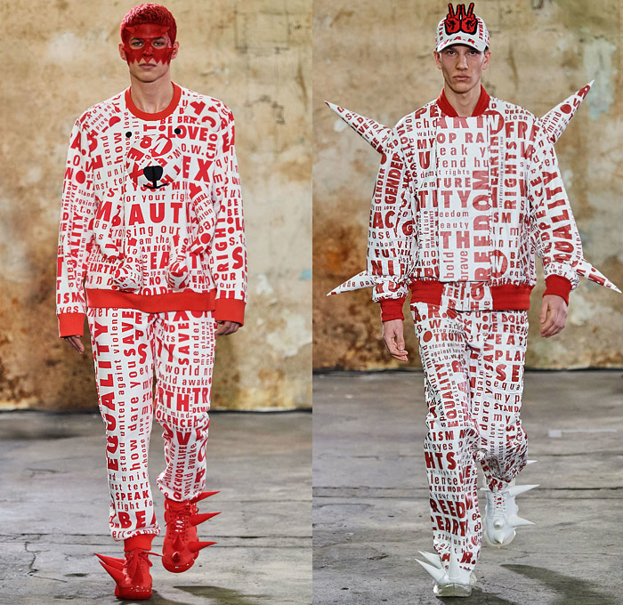 Walter Van Beirendonck 2020-2021 Fall Autumn Winter Mens Runway Looks - Mode à Paris Fashion Week Mode Masculine Homme France - Walter About Rights Horns Spikes Thorns Teddy Bear Knit Sweater Ruffles Tiered Ombré Typography Bomber Jacket Quilted Puffer Trench Coat Suit Hood Mask Houndstooth Check Flowers Floral Decorative Art Plates Color Palette Alien Colorblock Polka Dots Oversized Neck Tie Collar Bedazzled Sequins Shirt Snake Eyes Wide Leg Pants Leggings Trainers Sneakers Boots