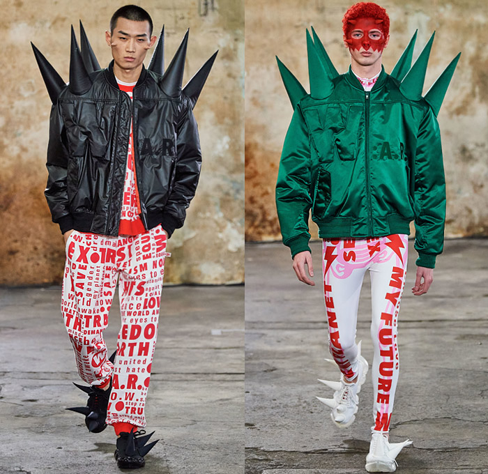 Walter Van Beirendonck 2020-2021 Fall Autumn Winter Mens Runway Looks - Mode à Paris Fashion Week Mode Masculine Homme France - Walter About Rights Horns Spikes Thorns Teddy Bear Knit Sweater Ruffles Tiered Ombré Typography Bomber Jacket Quilted Puffer Trench Coat Suit Hood Mask Houndstooth Check Flowers Floral Decorative Art Plates Color Palette Alien Colorblock Polka Dots Oversized Neck Tie Collar Bedazzled Sequins Shirt Snake Eyes Wide Leg Pants Leggings Trainers Sneakers Boots