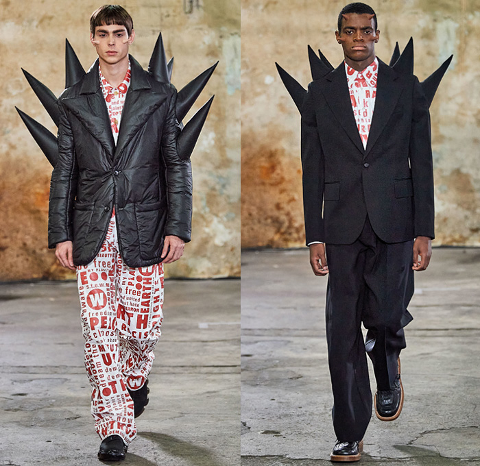 Walter Van Beirendonck 2020-2021 Fall Autumn Winter Mens Runway Looks - Mode à Paris Fashion Week Mode Masculine Homme France - Walter About Rights Horns Spikes Thorns Teddy Bear Knit Sweater Ruffles Tiered Ombré Typography Bomber Jacket Quilted Puffer Trench Coat Suit Hood Mask Houndstooth Check Flowers Floral Decorative Art Plates Color Palette Alien Colorblock Polka Dots Oversized Neck Tie Collar Bedazzled Sequins Shirt Snake Eyes Wide Leg Pants Leggings Trainers Sneakers Boots