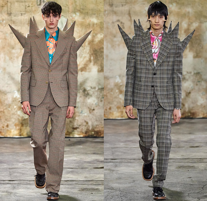 Walter Van Beirendonck 2020-2021 Fall Autumn Winter Mens Runway Looks - Mode à Paris Fashion Week Mode Masculine Homme France - Walter About Rights Horns Spikes Thorns Teddy Bear Knit Sweater Ruffles Tiered Ombré Typography Bomber Jacket Quilted Puffer Trench Coat Suit Hood Mask Houndstooth Check Flowers Floral Decorative Art Plates Color Palette Alien Colorblock Polka Dots Oversized Neck Tie Collar Bedazzled Sequins Shirt Snake Eyes Wide Leg Pants Leggings Trainers Sneakers Boots