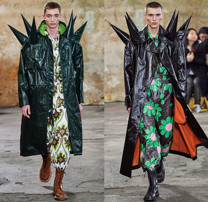 Walter Van Beirendonck 2020-2021 Fall Autumn Winter Mens Runway Looks - Mode à Paris Fashion Week Mode Masculine Homme France - Walter About Rights Horns Spikes Thorns Teddy Bear Knit Sweater Ruffles Tiered Ombré Typography Bomber Jacket Quilted Puffer Trench Coat Suit Hood Mask Houndstooth Check Flowers Floral Decorative Art Plates Color Palette Alien Colorblock Polka Dots Oversized Neck Tie Collar Bedazzled Sequins Shirt Snake Eyes Wide Leg Pants Leggings Trainers Sneakers Boots