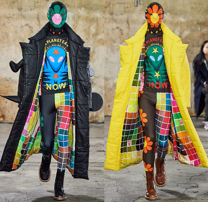Walter Van Beirendonck 2020-2021 Fall Autumn Winter Mens Runway Looks - Mode à Paris Fashion Week Mode Masculine Homme France - Walter About Rights Horns Spikes Thorns Teddy Bear Knit Sweater Ruffles Tiered Ombré Typography Bomber Jacket Quilted Puffer Trench Coat Suit Hood Mask Houndstooth Check Flowers Floral Decorative Art Plates Color Palette Alien Colorblock Polka Dots Oversized Neck Tie Collar Bedazzled Sequins Shirt Snake Eyes Wide Leg Pants Leggings Trainers Sneakers Boots