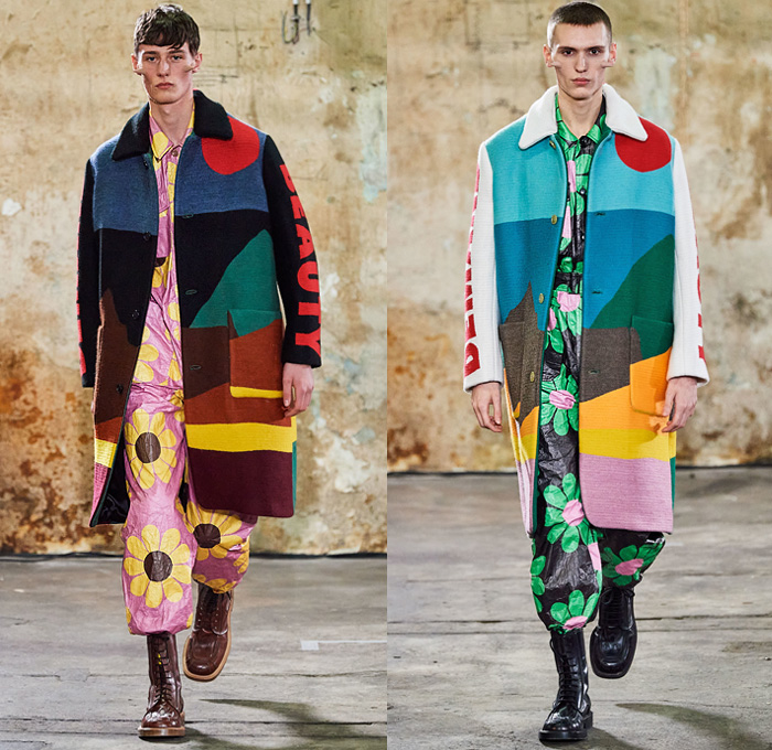 Walter Van Beirendonck 2020-2021 Fall Autumn Winter Mens Runway Looks - Mode à Paris Fashion Week Mode Masculine Homme France - Walter About Rights Horns Spikes Thorns Teddy Bear Knit Sweater Ruffles Tiered Ombré Typography Bomber Jacket Quilted Puffer Trench Coat Suit Hood Mask Houndstooth Check Flowers Floral Decorative Art Plates Color Palette Alien Colorblock Polka Dots Oversized Neck Tie Collar Bedazzled Sequins Shirt Snake Eyes Wide Leg Pants Leggings Trainers Sneakers Boots