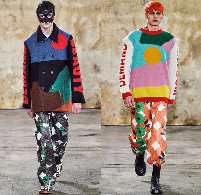 Walter Van Beirendonck 2020-2021 Fall Autumn Winter Mens Runway Looks - Mode à Paris Fashion Week Mode Masculine Homme France - Walter About Rights Horns Spikes Thorns Teddy Bear Knit Sweater Ruffles Tiered Ombré Typography Bomber Jacket Quilted Puffer Trench Coat Suit Hood Mask Houndstooth Check Flowers Floral Decorative Art Plates Color Palette Alien Colorblock Polka Dots Oversized Neck Tie Collar Bedazzled Sequins Shirt Snake Eyes Wide Leg Pants Leggings Trainers Sneakers Boots