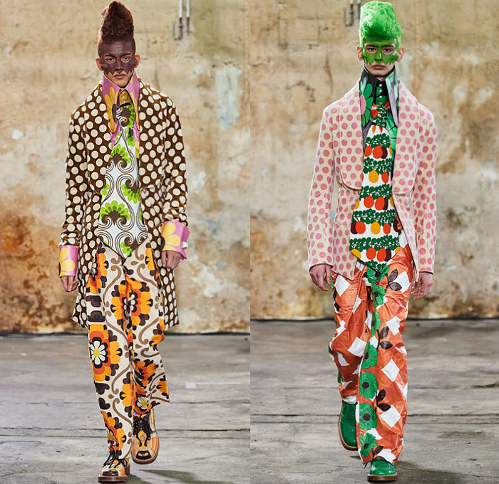 Walter Van Beirendonck 2020-2021 Fall Autumn Winter Mens Runway Looks - Mode à Paris Fashion Week Mode Masculine Homme France - Walter About Rights Horns Spikes Thorns Teddy Bear Knit Sweater Ruffles Tiered Ombré Typography Bomber Jacket Quilted Puffer Trench Coat Suit Hood Mask Houndstooth Check Flowers Floral Decorative Art Plates Color Palette Alien Colorblock Polka Dots Oversized Neck Tie Collar Bedazzled Sequins Shirt Snake Eyes Wide Leg Pants Leggings Trainers Sneakers Boots