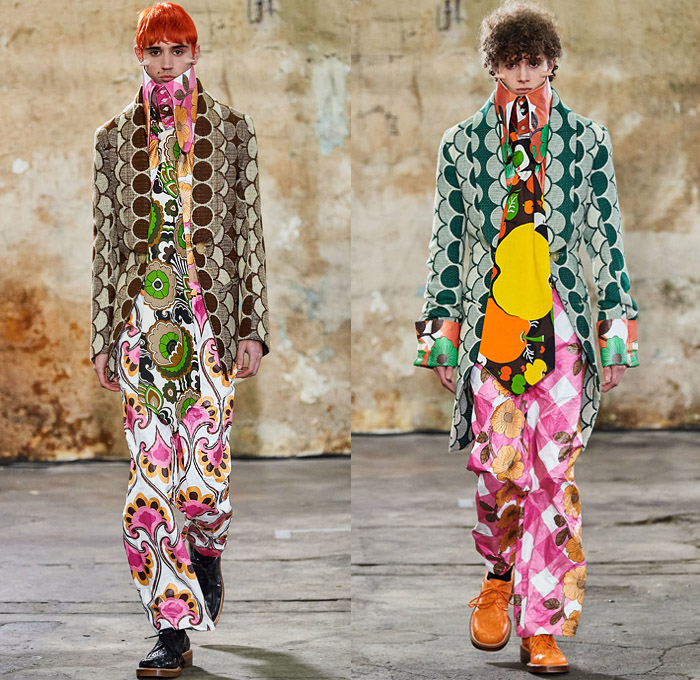 Walter Van Beirendonck 2020-2021 Fall Autumn Winter Mens Runway Looks - Mode à Paris Fashion Week Mode Masculine Homme France - Walter About Rights Horns Spikes Thorns Teddy Bear Knit Sweater Ruffles Tiered Ombré Typography Bomber Jacket Quilted Puffer Trench Coat Suit Hood Mask Houndstooth Check Flowers Floral Decorative Art Plates Color Palette Alien Colorblock Polka Dots Oversized Neck Tie Collar Bedazzled Sequins Shirt Snake Eyes Wide Leg Pants Leggings Trainers Sneakers Boots