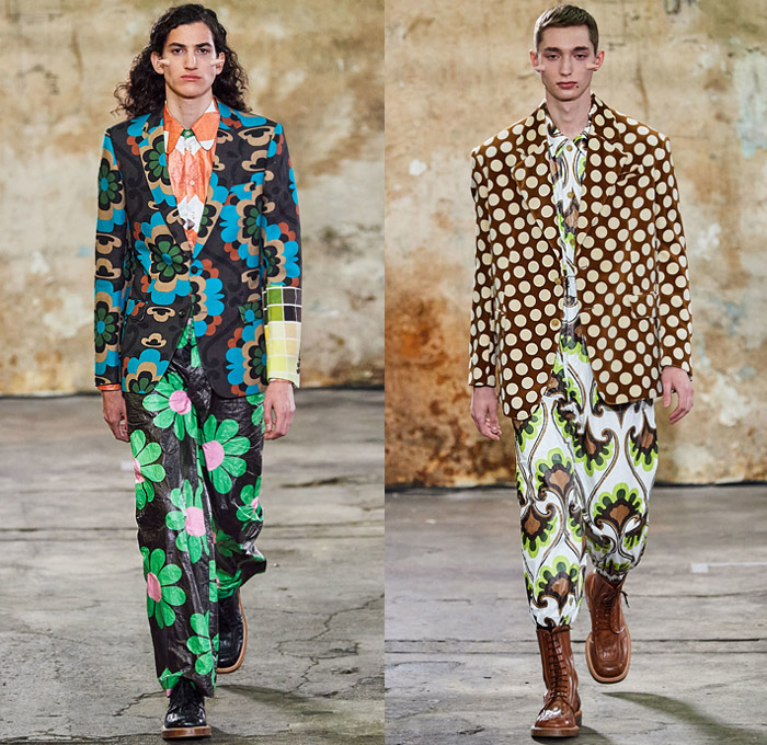 Walter Van Beirendonck 2020-2021 Fall Autumn Winter Mens Runway Looks - Mode à Paris Fashion Week Mode Masculine Homme France - Walter About Rights Horns Spikes Thorns Teddy Bear Knit Sweater Ruffles Tiered Ombré Typography Bomber Jacket Quilted Puffer Trench Coat Suit Hood Mask Houndstooth Check Flowers Floral Decorative Art Plates Color Palette Alien Colorblock Polka Dots Oversized Neck Tie Collar Bedazzled Sequins Shirt Snake Eyes Wide Leg Pants Leggings Trainers Sneakers Boots