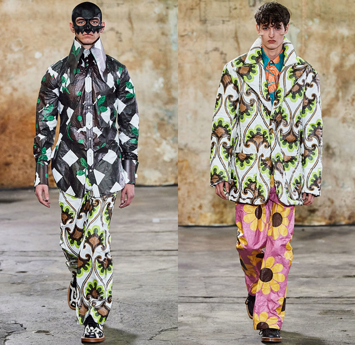 Walter Van Beirendonck 2020-2021 Fall Autumn Winter Mens Runway Looks - Mode à Paris Fashion Week Mode Masculine Homme France - Walter About Rights Horns Spikes Thorns Teddy Bear Knit Sweater Ruffles Tiered Ombré Typography Bomber Jacket Quilted Puffer Trench Coat Suit Hood Mask Houndstooth Check Flowers Floral Decorative Art Plates Color Palette Alien Colorblock Polka Dots Oversized Neck Tie Collar Bedazzled Sequins Shirt Snake Eyes Wide Leg Pants Leggings Trainers Sneakers Boots