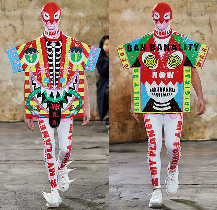 Walter Van Beirendonck 2020-2021 Fall Autumn Winter Mens Runway Looks - Mode à Paris Fashion Week Mode Masculine Homme France - Walter About Rights Horns Spikes Thorns Teddy Bear Knit Sweater Ruffles Tiered Ombré Typography Bomber Jacket Quilted Puffer Trench Coat Suit Hood Mask Houndstooth Check Flowers Floral Decorative Art Plates Color Palette Alien Colorblock Polka Dots Oversized Neck Tie Collar Bedazzled Sequins Shirt Snake Eyes Wide Leg Pants Leggings Trainers Sneakers Boots