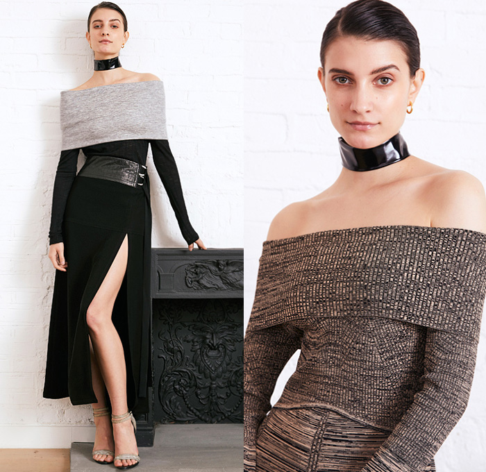 Yigal Azrouël 2020-2021 Fall Autumn Winter Womens Lookbook Presentation - New York Fashion Week NYFW - Sublime Ascension Recycled Leather Cable Turtleneck Knit Sweater Check Washed Lambskin Wool Cashmere Patchwork Strapless Pinafore Wrap Dress High Slit Choker Asymmetrical Top Shirtdress Onesie Leopard Ring Connector Cinch Drawstring High Waist Fold Over Blazer Fur Shearling Jacket Corduroy Cargo Utility Pocket Quilted Puffer Vest PVC Vinyl Trench Coat Boots Heels