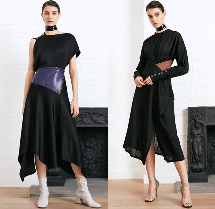 Yigal Azrouël 2020-2021 Fall Autumn Winter Womens Lookbook Presentation - New York Fashion Week NYFW - Sublime Ascension Recycled Leather Cable Turtleneck Knit Sweater Check Washed Lambskin Wool Cashmere Patchwork Strapless Pinafore Wrap Dress High Slit Choker Asymmetrical Top Shirtdress Onesie Leopard Ring Connector Cinch Drawstring High Waist Fold Over Blazer Fur Shearling Jacket Corduroy Cargo Utility Pocket Quilted Puffer Vest PVC Vinyl Trench Coat Boots Heels