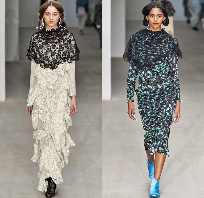 Yuhan Wang 2020-2021 Fall Autumn Winter Womens Runway Catwalk Looks - London Fashion Week Collections UK -19th Century Victorian Funeral Apocalyptic Death Sheer Tulle Veil Flowers Floral Jacquard Brocade Silk Satin Lace Needlework Embroidery Mesh Cutwork Ruffles Maxi Dress Gown Fur Plush Coat Cinch Shawl Jacket Scarf Skirt Cropped Pants Fringes Crossbody Bag Pouch