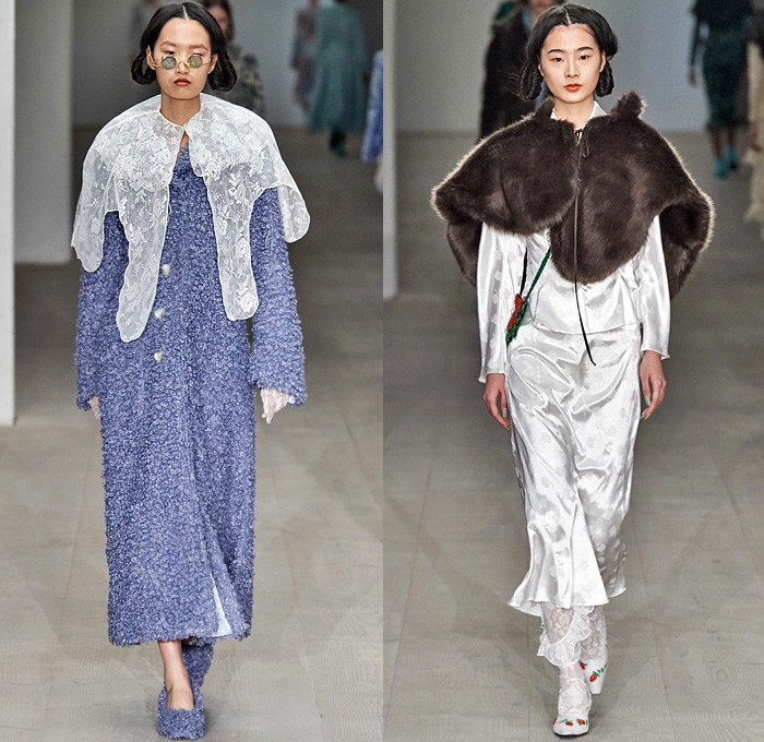 Yuhan Wang 2020-2021 Fall Autumn Winter Womens Runway Catwalk Looks - London Fashion Week Collections UK -19th Century Victorian Funeral Apocalyptic Death Sheer Tulle Veil Flowers Floral Jacquard Brocade Silk Satin Lace Needlework Embroidery Mesh Cutwork Ruffles Maxi Dress Gown Fur Plush Coat Cinch Shawl Jacket Scarf Skirt Cropped Pants Fringes Crossbody Bag Pouch