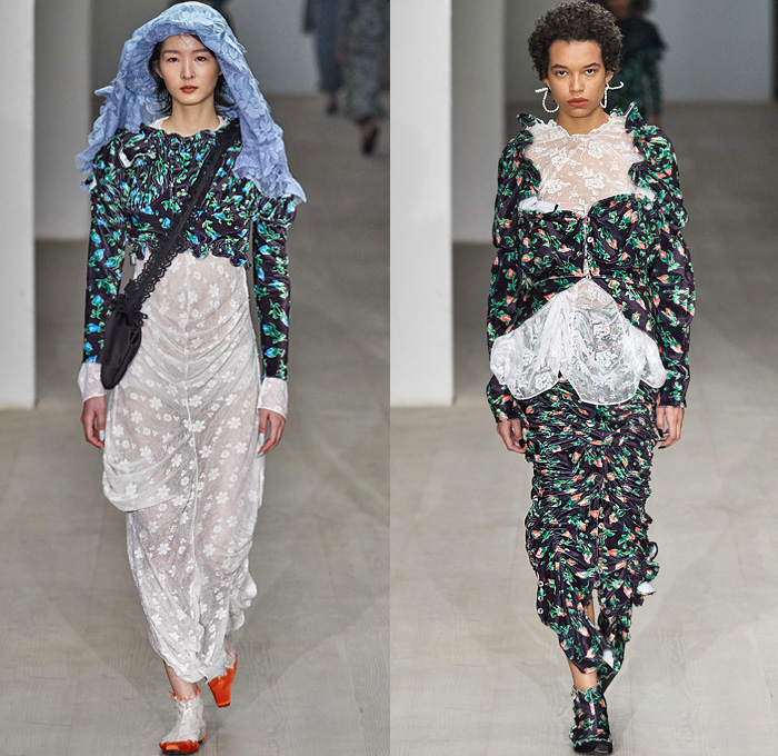 Yuhan Wang 2020-2021 Fall Autumn Winter Womens Runway Catwalk Looks - London Fashion Week Collections UK -19th Century Victorian Funeral Apocalyptic Death Sheer Tulle Veil Flowers Floral Jacquard Brocade Silk Satin Lace Needlework Embroidery Mesh Cutwork Ruffles Maxi Dress Gown Fur Plush Coat Cinch Shawl Jacket Scarf Skirt Cropped Pants Fringes Crossbody Bag Pouch