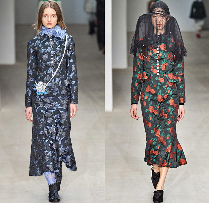 Yuhan Wang 2020-2021 Fall Autumn Winter Womens Runway Catwalk Looks - London Fashion Week Collections UK -19th Century Victorian Funeral Apocalyptic Death Sheer Tulle Veil Flowers Floral Jacquard Brocade Silk Satin Lace Needlework Embroidery Mesh Cutwork Ruffles Maxi Dress Gown Fur Plush Coat Cinch Shawl Jacket Scarf Skirt Cropped Pants Fringes Crossbody Bag Pouch