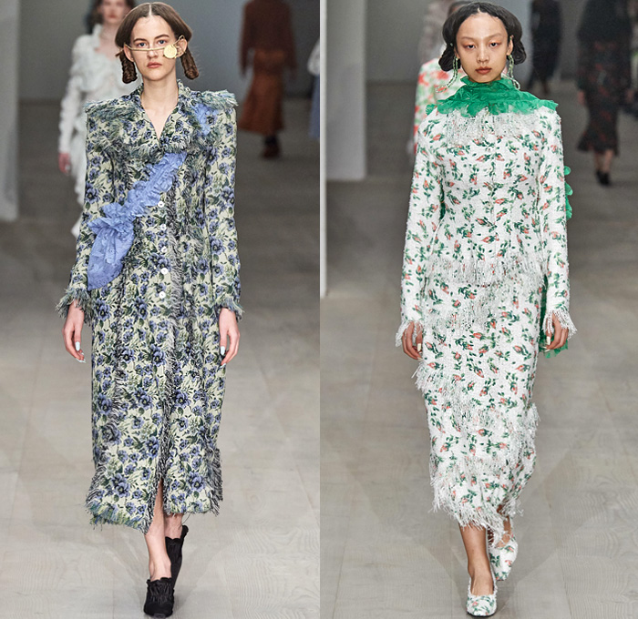 Yuhan Wang 2020-2021 Fall Autumn Winter Womens Runway Catwalk Looks - London Fashion Week Collections UK -19th Century Victorian Funeral Apocalyptic Death Sheer Tulle Veil Flowers Floral Jacquard Brocade Silk Satin Lace Needlework Embroidery Mesh Cutwork Ruffles Maxi Dress Gown Fur Plush Coat Cinch Shawl Jacket Scarf Skirt Cropped Pants Fringes Crossbody Bag Pouch