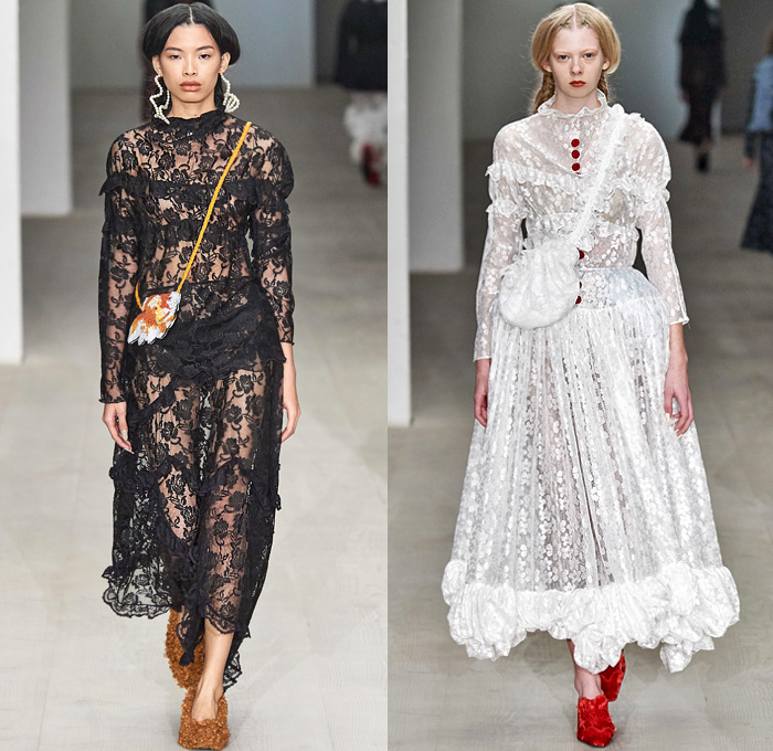 Yuhan Wang 2020-2021 Fall Autumn Winter Womens Runway Catwalk Looks - London Fashion Week Collections UK -19th Century Victorian Funeral Apocalyptic Death Sheer Tulle Veil Flowers Floral Jacquard Brocade Silk Satin Lace Needlework Embroidery Mesh Cutwork Ruffles Maxi Dress Gown Fur Plush Coat Cinch Shawl Jacket Scarf Skirt Cropped Pants Fringes Crossbody Bag Pouch