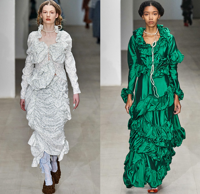 Yuhan Wang 2020-2021 Fall Autumn Winter Womens Runway Catwalk Looks - London Fashion Week Collections UK -19th Century Victorian Funeral Apocalyptic Death Sheer Tulle Veil Flowers Floral Jacquard Brocade Silk Satin Lace Needlework Embroidery Mesh Cutwork Ruffles Maxi Dress Gown Fur Plush Coat Cinch Shawl Jacket Scarf Skirt Cropped Pants Fringes Crossbody Bag Pouch