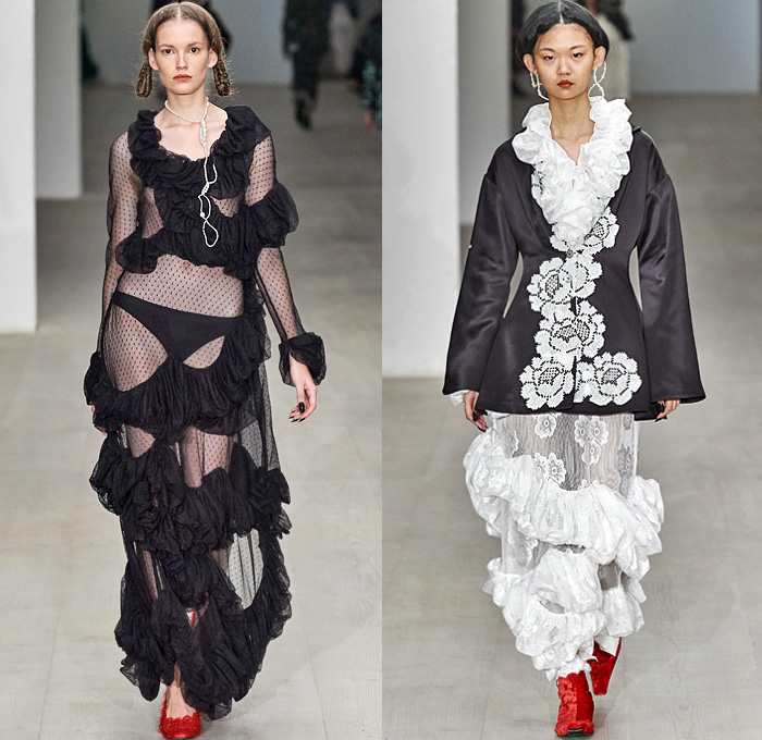 Yuhan Wang 2020-2021 Fall Autumn Winter Womens Runway Catwalk Looks - London Fashion Week Collections UK -19th Century Victorian Funeral Apocalyptic Death Sheer Tulle Veil Flowers Floral Jacquard Brocade Silk Satin Lace Needlework Embroidery Mesh Cutwork Ruffles Maxi Dress Gown Fur Plush Coat Cinch Shawl Jacket Scarf Skirt Cropped Pants Fringes Crossbody Bag Pouch