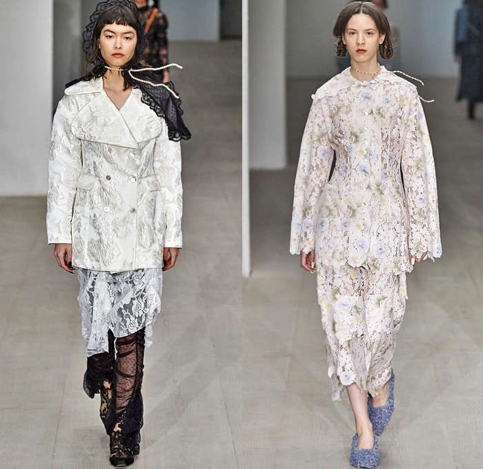 Yuhan Wang 2020-2021 Fall Autumn Winter Womens Runway Catwalk Looks - London Fashion Week Collections UK -19th Century Victorian Funeral Apocalyptic Death Sheer Tulle Veil Flowers Floral Jacquard Brocade Silk Satin Lace Needlework Embroidery Mesh Cutwork Ruffles Maxi Dress Gown Fur Plush Coat Cinch Shawl Jacket Scarf Skirt Cropped Pants Fringes Crossbody Bag Pouch