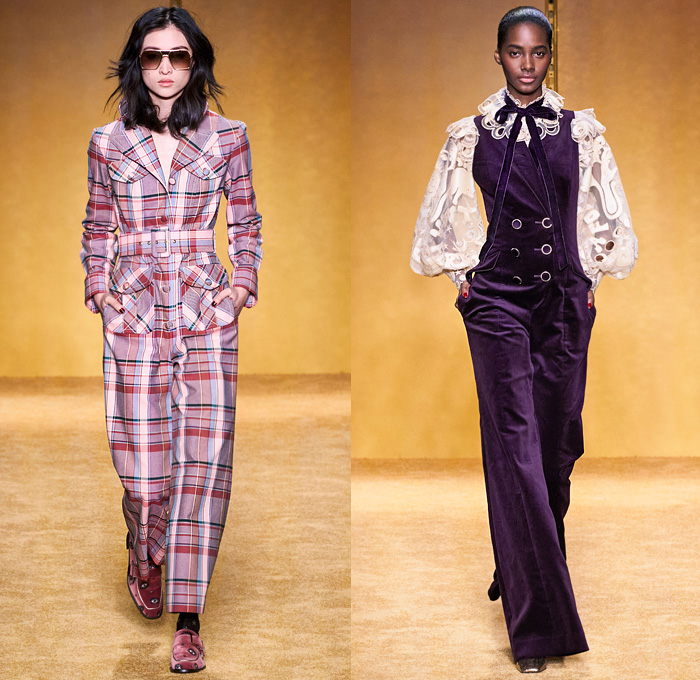 Zimmermann 2020-2021 Fall Autumn Winter Womens Runway Catwalk Looks - New York Fashion Week NYFW - Lady Beetle Bug Lucky Charms Amulet Talisman Word Typography Evil Eye Horse Shoe Fortune Teller Pantsuit Plaid Check Coveralls Jumpsuit Velvet Sheer Tulle Lace Embroidery Decorative Art Tiered Ruffles Pussycat Bow Scarf Stars Tights Stockings Flare Pants Maxi Dress Gown Knit Crochet Pellegrina Coat Jacket Kimono Robe Jacquard Brocade Silk Satin Hobo Bag Fringes Tassels Boots Hat 