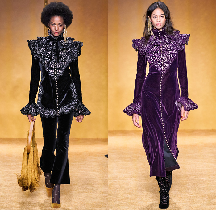 Zimmermann 2020-2021 Fall Autumn Winter Womens Runway Catwalk Looks - New York Fashion Week NYFW - Lady Beetle Bug Lucky Charms Amulet Talisman Word Typography Evil Eye Horse Shoe Fortune Teller Pantsuit Plaid Check Coveralls Jumpsuit Velvet Sheer Tulle Lace Embroidery Decorative Art Tiered Ruffles Pussycat Bow Scarf Stars Tights Stockings Flare Pants Maxi Dress Gown Knit Crochet Pellegrina Coat Jacket Kimono Robe Jacquard Brocade Silk Satin Hobo Bag Fringes Tassels Boots Hat 