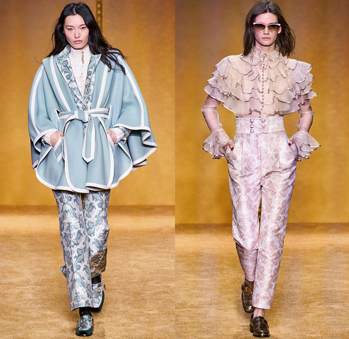 Zimmermann 2020-2021 Fall Autumn Winter Womens Runway Catwalk Looks - New York Fashion Week NYFW - Lady Beetle Bug Lucky Charms Amulet Talisman Word Typography Evil Eye Horse Shoe Fortune Teller Pantsuit Plaid Check Coveralls Jumpsuit Velvet Sheer Tulle Lace Embroidery Decorative Art Tiered Ruffles Pussycat Bow Scarf Stars Tights Stockings Flare Pants Maxi Dress Gown Knit Crochet Pellegrina Coat Jacket Kimono Robe Jacquard Brocade Silk Satin Hobo Bag Fringes Tassels Boots Hat 